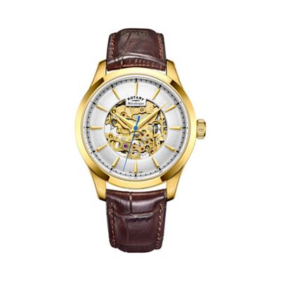 Men's gold 'Skeleton' brown leather watch gs05035/03